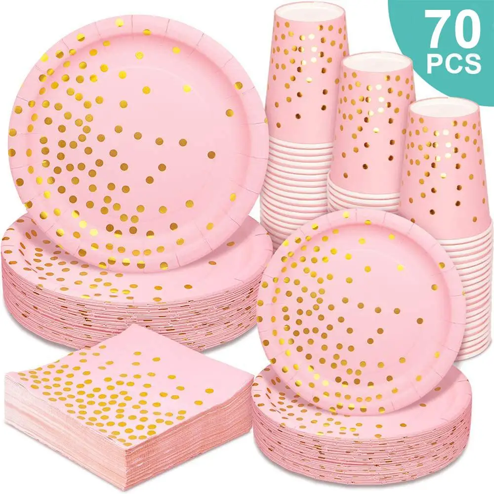 

Paper Plates Bronzing Baby Shower Environmental 70PCS Disposable Dishes Disposable Dinnerware Party Tableware Napkins Cups