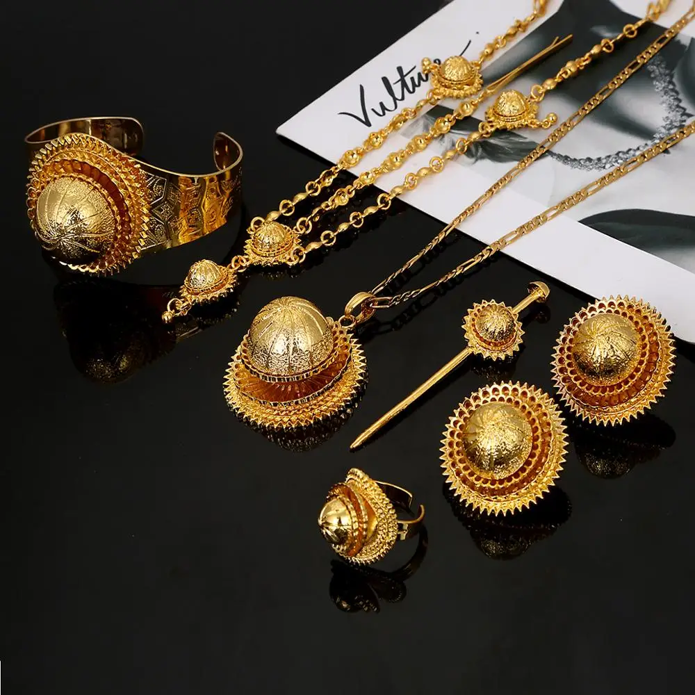 Эфиопское золотое ожерелье серьги браслет шпилька кольцо Модные женские