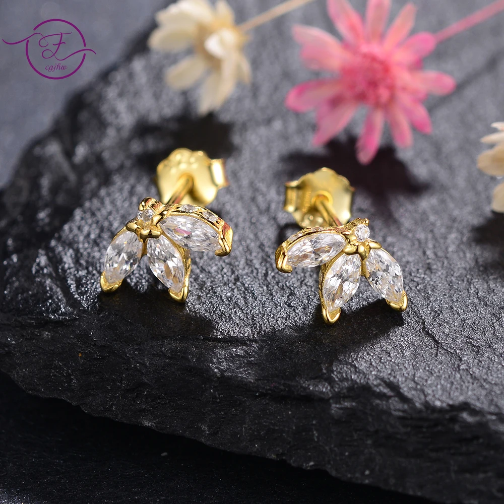 

925 Sterling Silver Gold Earrings Shining Leaf Shaped Stud Earrings for Women Luxury Wedding Fine Jewelry Earring