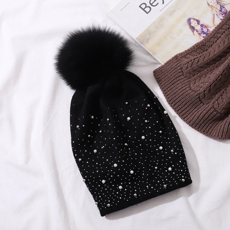 Женская вязаная шапка CNTANG зимняя теплая шерстяная с помпоном из натурального