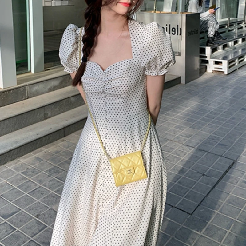 

White Color Slim Waist Soft Summer Clothes With Button French Design Fashion Bubble Sleeve Square Neck Dresses For Women