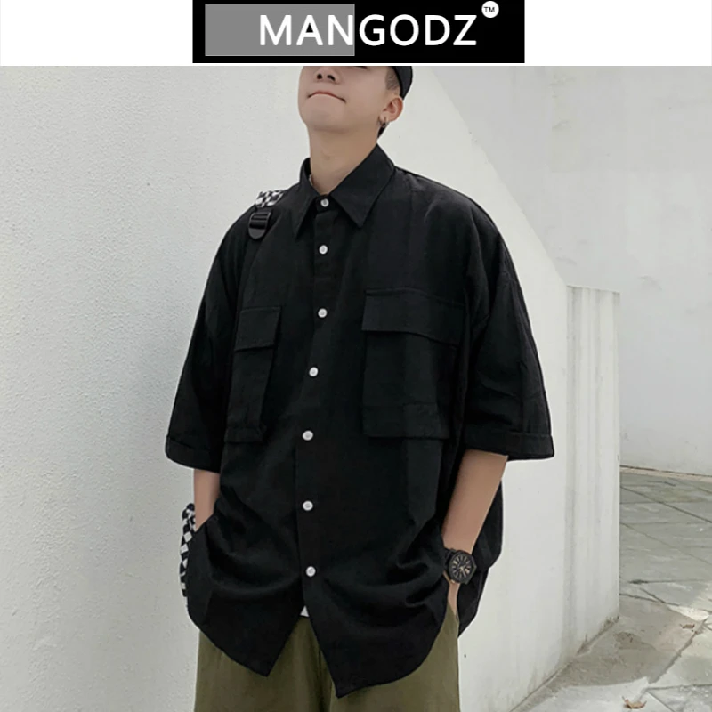 

Solid Shirt for Men Casual Vintage Half Shirt Male Japanese Streetwear Harajuku Hip Hop Chemise Homme Summer Loose Shirts
