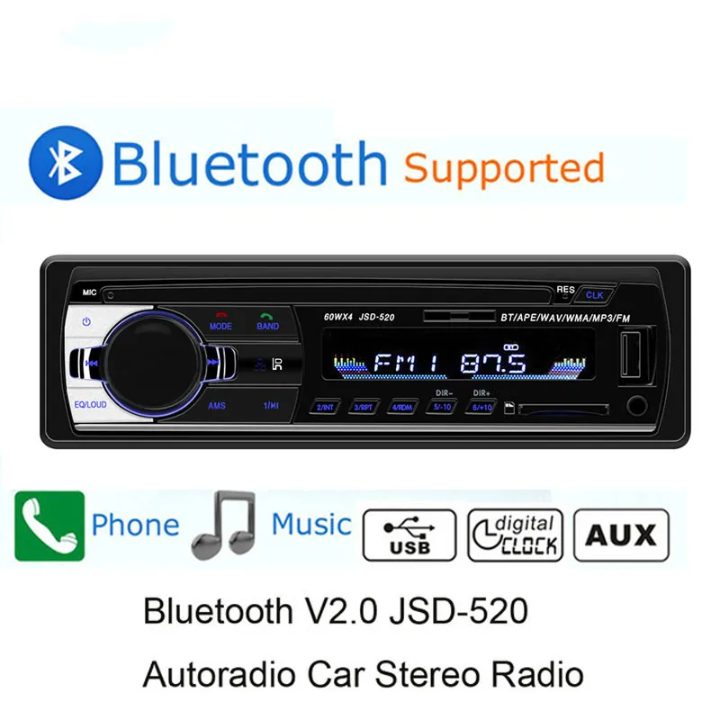 Автомобильный рация автомобильный стерео с Bluetooth аудио FM Aux SD USB JSD-520 12V на панели 1 Din MP3 мультимедийный плеер Araba Teypler.
