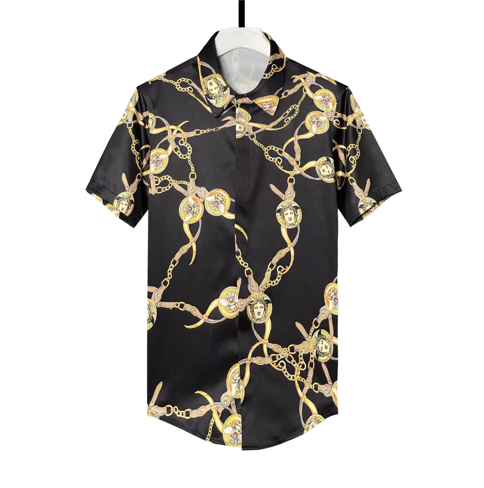

luxury dress shirt Round head chain printed men's shirt slim-fit men's shirt men shirts summer Man summer clothes