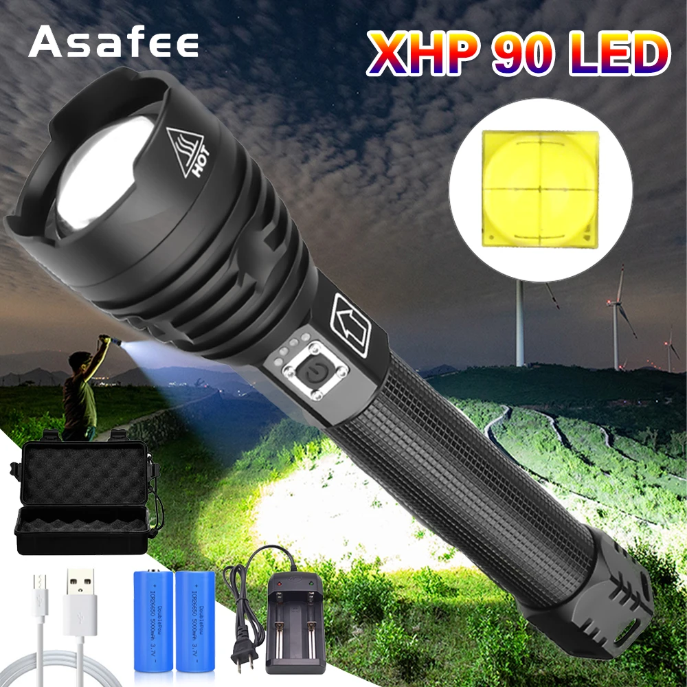 

Most Powerful XHP90.2 LED Flashlight Lamp Powerful Zoom Torch 26650 USB Rechargeable Tactical Light Outdoor Camping Hunting Lamp