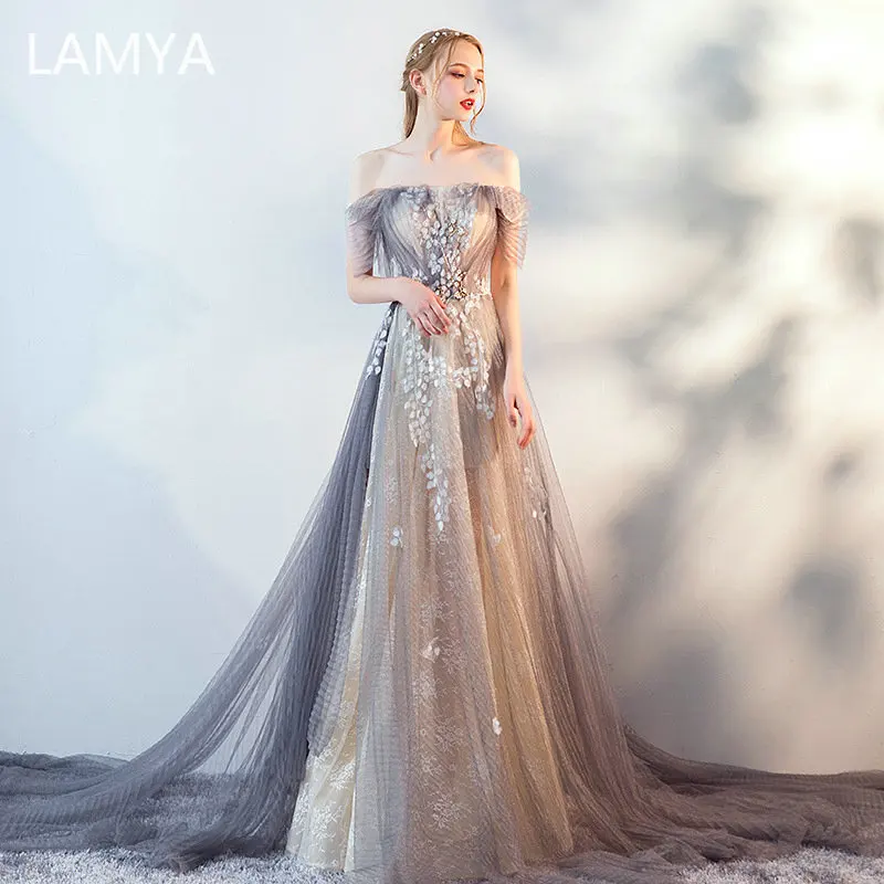 

LAMYA Elegant Lace Boat Neck Evening Party Dress 2023 Customized Formal Gown for Graduation Appliques Crystal Vestido De Festa