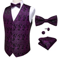 silk vest mens classic purple waistcoat party wedding paisley jacquard tuxedo waistcoat suit vest bow tie cufflinks set dibangu