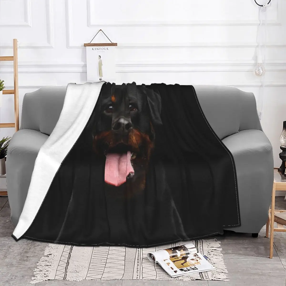 Full Doll Rottweiler Pattern Blanket Flannel Gift Animal Dog Lover Airplane Travel Bed Cover Lightweight |