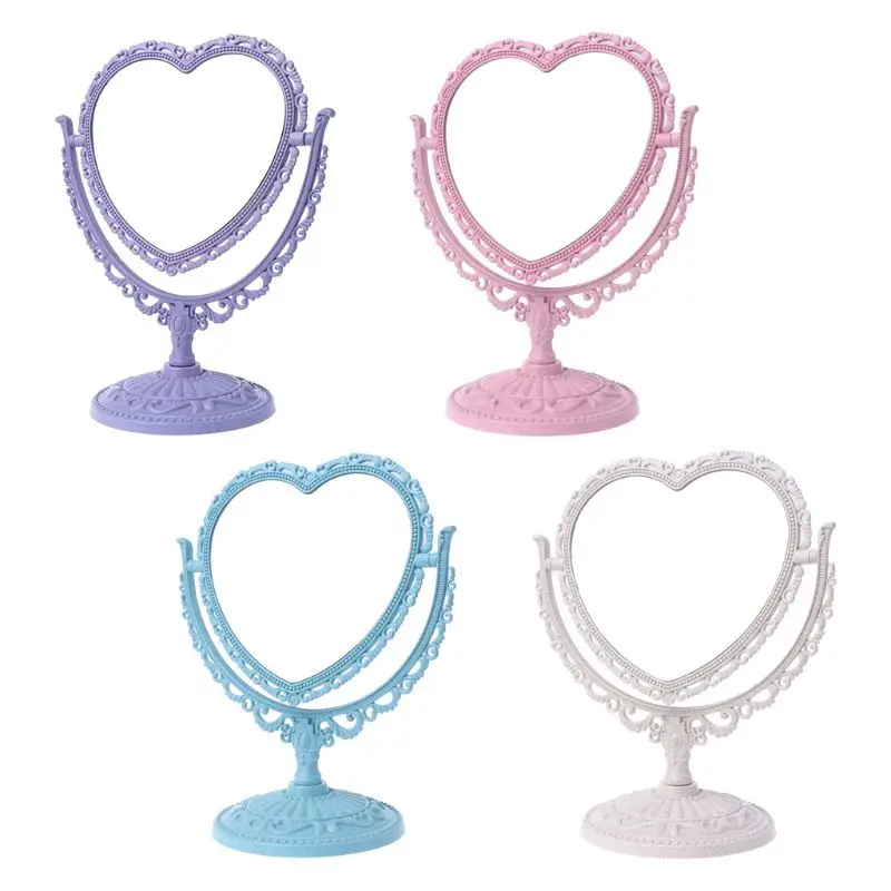 

2Sides Heart-shaped Makeup Mirror Rotatable Stand Table Compact Mirror Dresser
