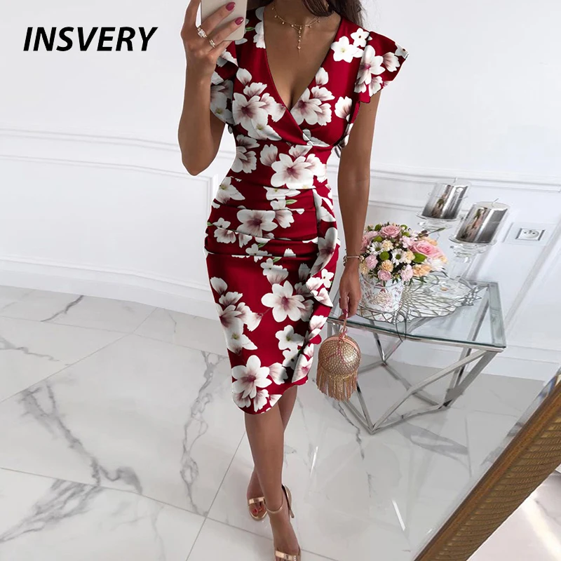 

Sexy V Neck Dress Women Ruffle Sleeve Flower Print Party Dresses For Women Elegant Bodycon Short Dress Women Vintage Dress