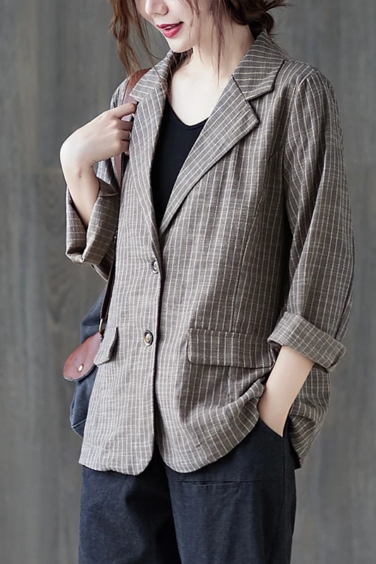 

Women Retro Cotton Linen Striped Blazer Jackets 2021 Spring Long Sleeve Double Button Suit Jacket Female Elegant Loose Outwear