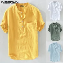 INCERUN Summer Casual Men Shirts Stand Collar Solid Cotton Blouse Short Sleeve Streetwear Brand Shirts Harajuku Camisas Hombre