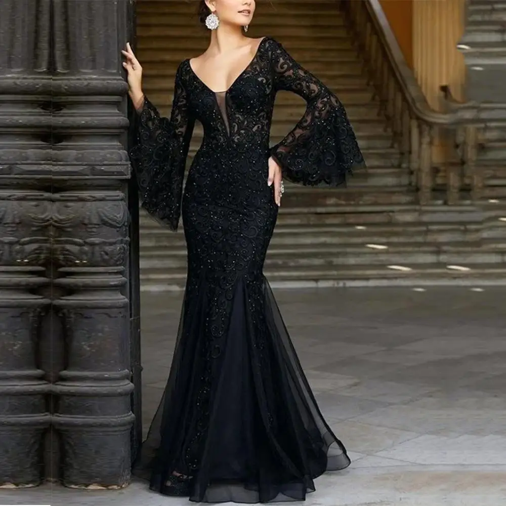 

Autumn 2020 new European and American sexy fashion elegant lace hollow long sleeve V-neck dress high quality dress
