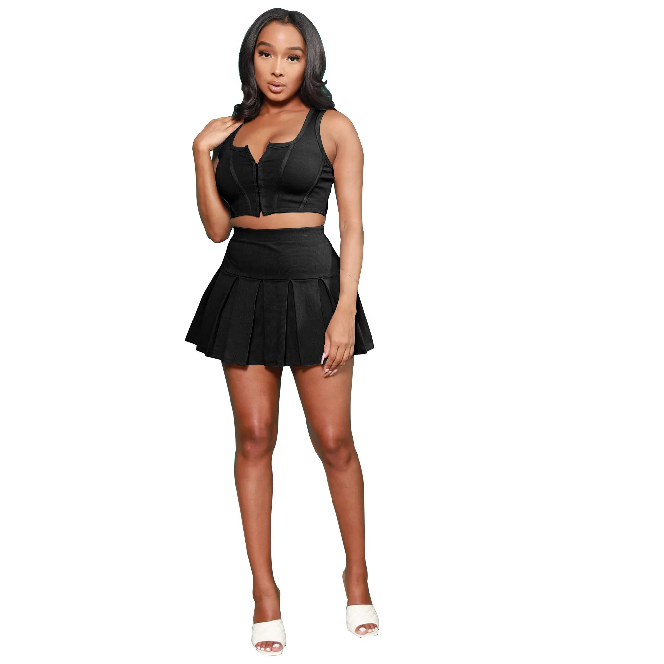 

Sexy Nightclub Style Two Piece Women's Clothing Fashion Sleeveless Vest Zipper Personality Pleated Solid Color Short Skirt Suit