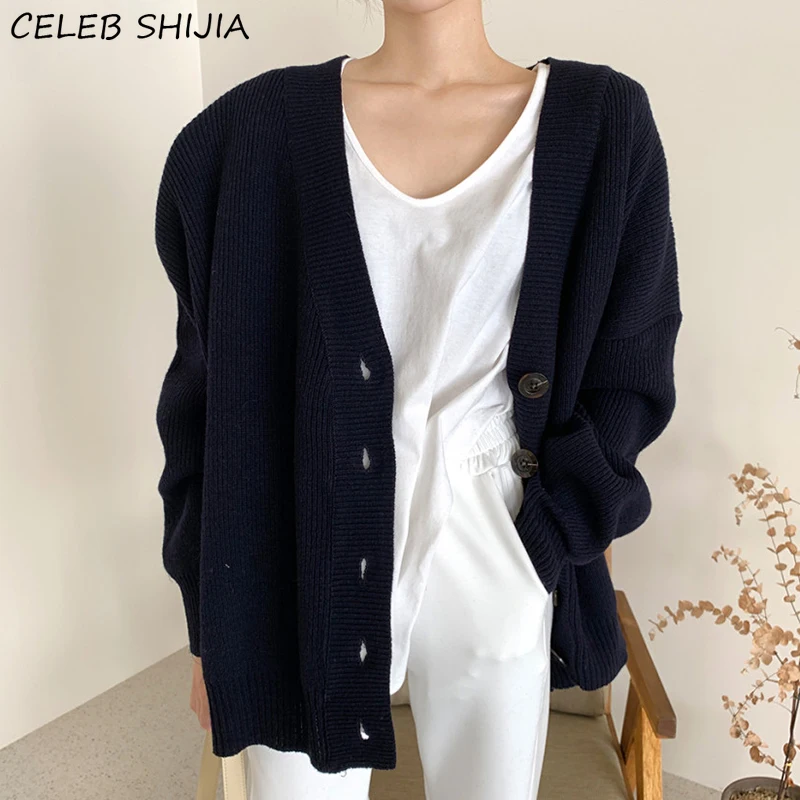 

Женский винтажный вязаный кардиган, свободный трикотажный однобортный Кардиган оверсайз в Корейском стиле с V-образным вырезом, Осень-зима