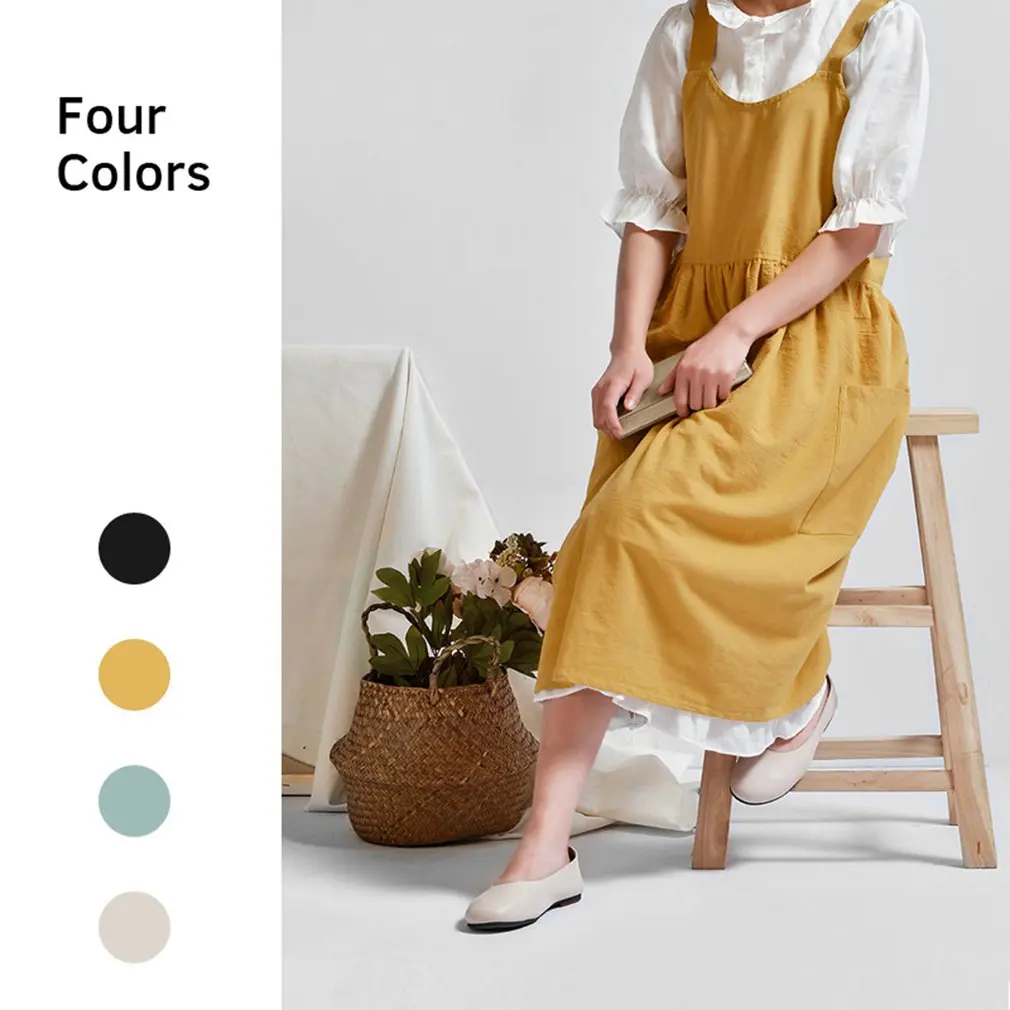 

Cooking Kitchen Apron For Woman Female Bib Cotton Linen Dress Cafe BBQ Aprons Kitchen Sleeveless Cooking Accessories