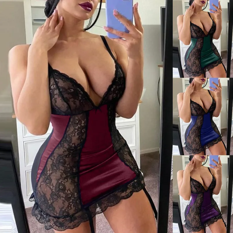 

Women Sexy Dress Erotic Lace V-neck Slim Clubwear Sexy Sleeveless Rayon Dress Sheer Porno Lingere Night Mini Dress Plus Size 5XL