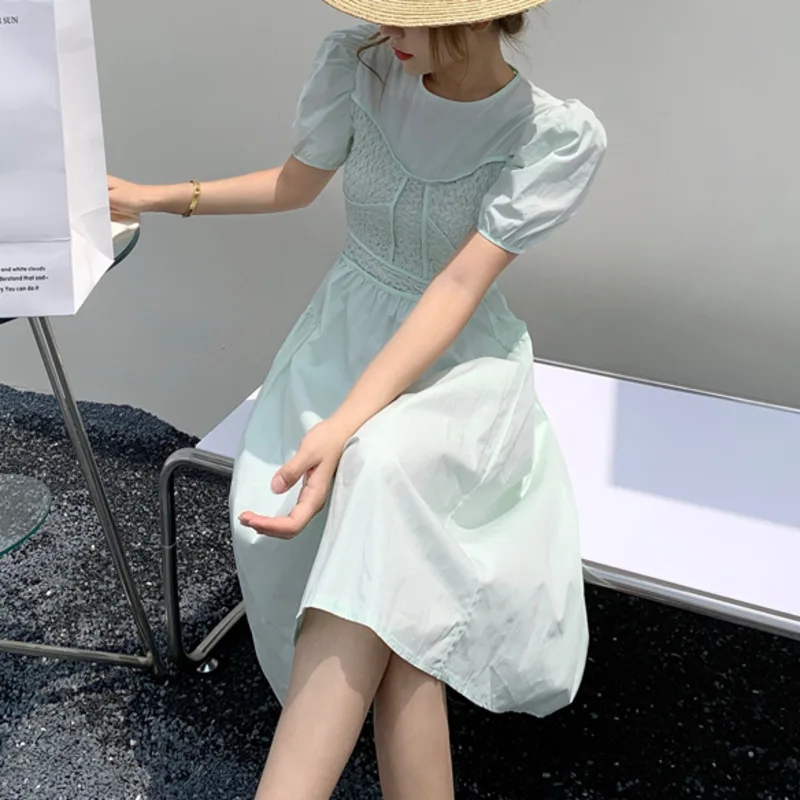 

Elegant Women Sweet Clothing New French Fashion Short Sleeve Round Neck Slim Midi Folds Dress Vestido De Mujer 2021 Summer Robes