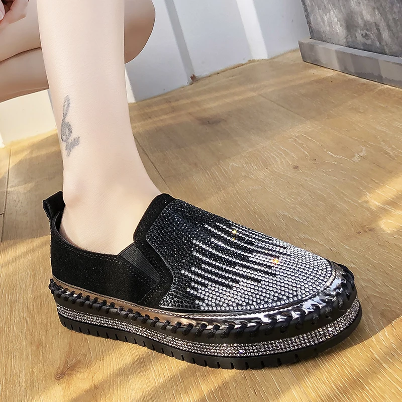 Rimocy/Роскошные Черные замшевые лоферы на платформе с кристаллами Женская