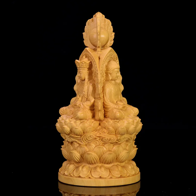 

Boxwood 13cm Meditation Three Gods Wood Buddha Statue Saints Worship Sculpture Guanyin Shakyamuni Home Decor