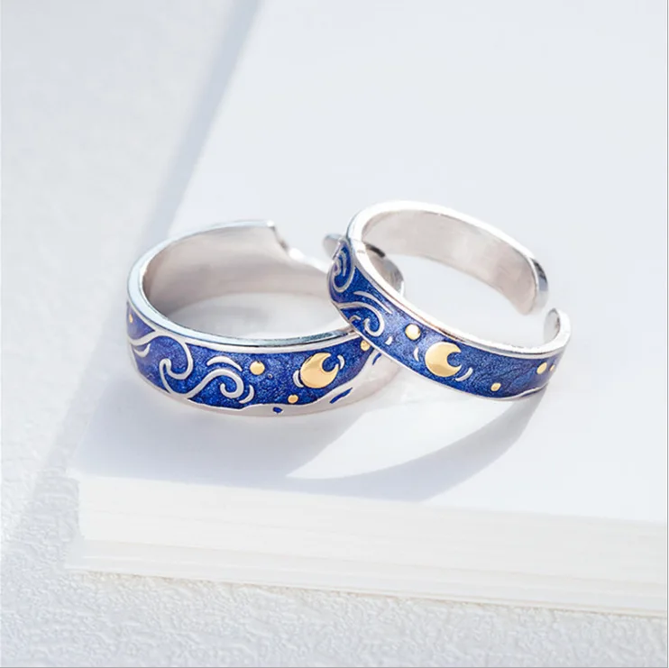 

Yihang Van Gogh Starry Sky Couple Ring Women's Korean-Style Fashionable Elegant Navy Blue Bracelet Adjustable Ring