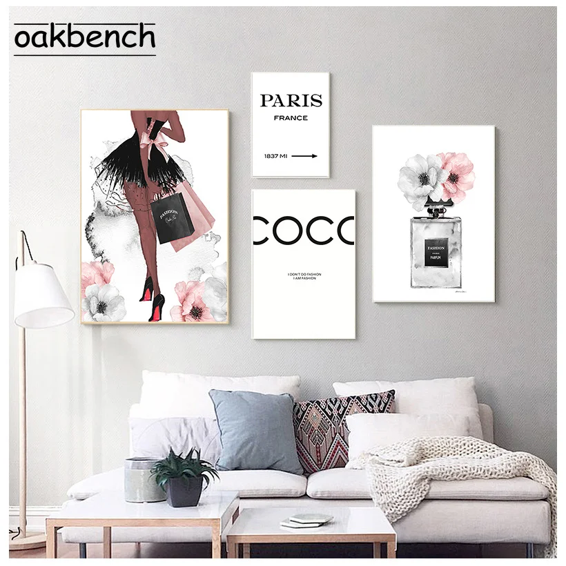 

Modern Perfume Poster Abstract Painting Bottle Quotes Wall Art Canvas Prints Pink Peony Posters Fashion Girl Bedroom Home Decor