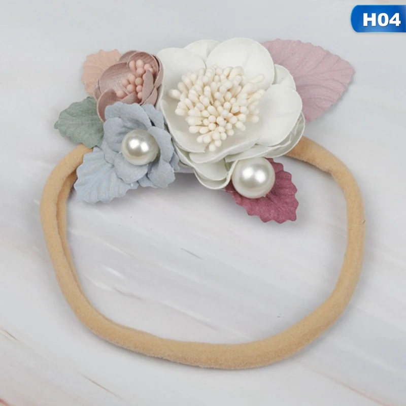 Модная детская лента для волос из нейлона с искусственным цветком эластичная