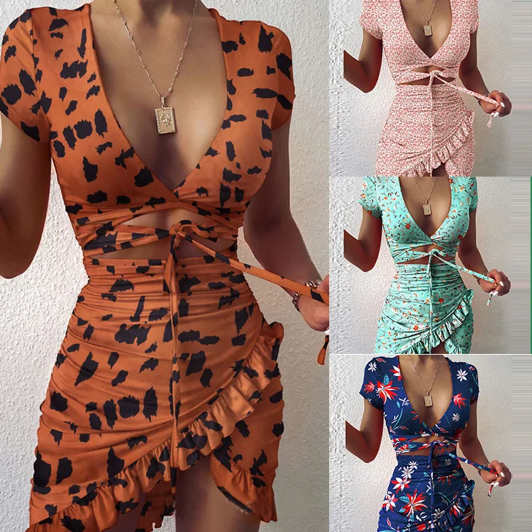 

V-Neck Women Floral Print Mini Dress Hollow Out Ruffles Lace-Up Slim Short Sleeves Mid-Waist Causal Sexy Club Fashion Dresses