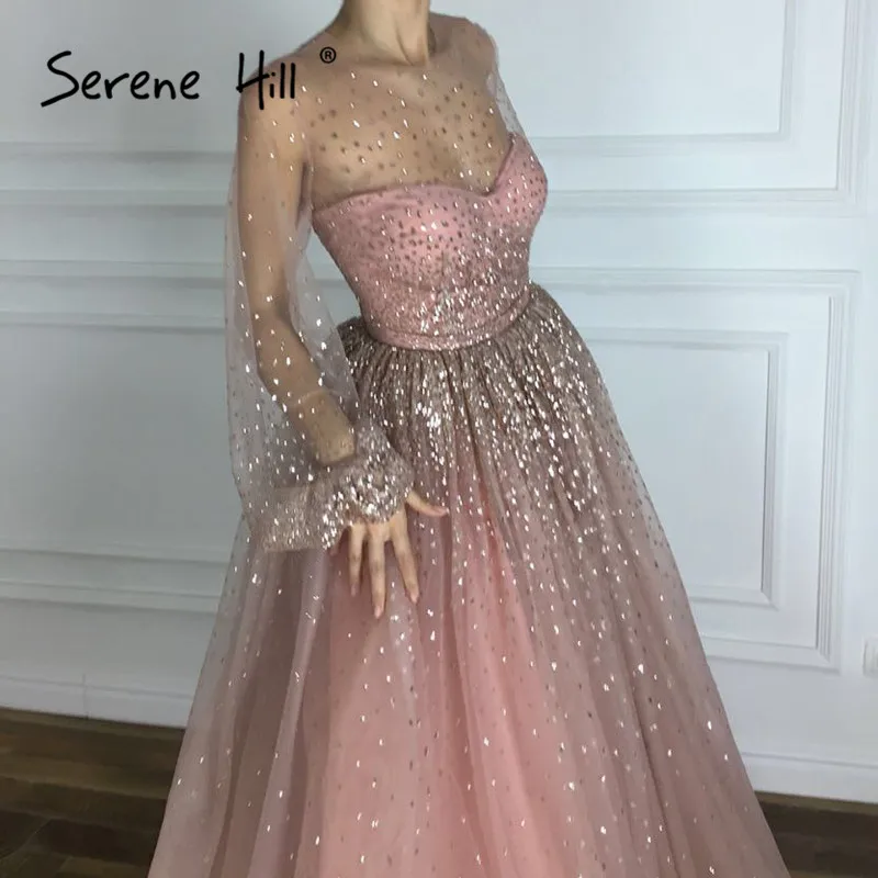 PINK Дизайн, сексуальные вечерние платья с длинным рукавом, сверкающие блестки, а-силуэт, вечерние платья, Robe De Soiree Serene hilm BLA6344 - Цвет: PINK