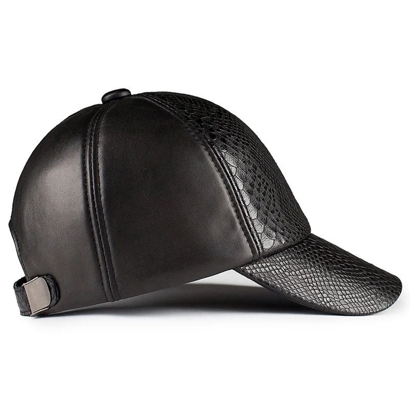 Men Vintage Real  Leather Baseball Cap Outdoor Windproof Warm Hats Adjustable Sports Caps - Black