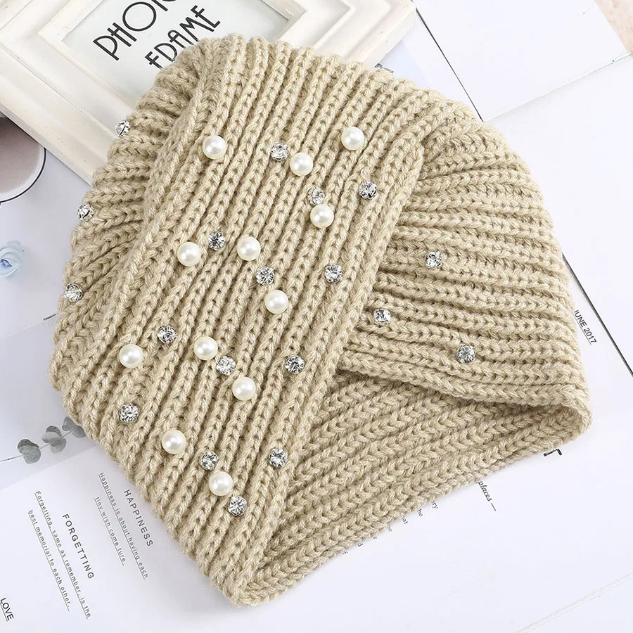 pearl rhinestone 4 Haimeikang, Женский Хрустальный тюрбан с цветком, Женская Повседневная вязаная шапка, эластичный со стразами, шапки, вязаные крючком, зимняя вязаная шапка - Цвет: pearl rhinestone 4