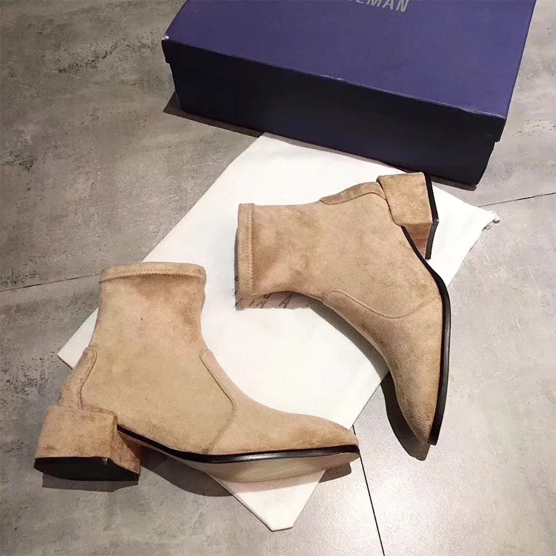 Кожаная обувь женские модные эластичные Ботинки martin на квадратном каблуке с