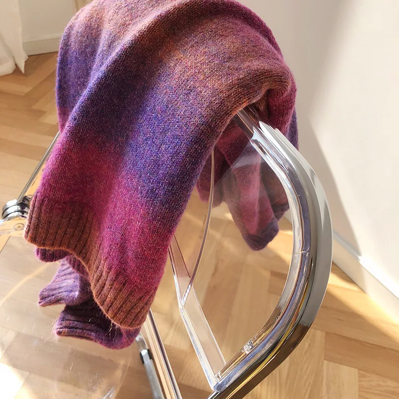 Striped Rainbow Mohair Jumper Women Autumn Winter Loose Gradient Color Knitting Sweaters and Pullovers Lantern Sleeve Coat Tops | Женская