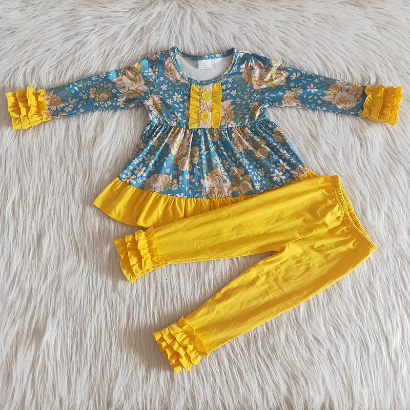 

wholesale baby girls flower fall fashionable clothing long sleeve floral shirt yellow ruffle pants outfit infant kids sets