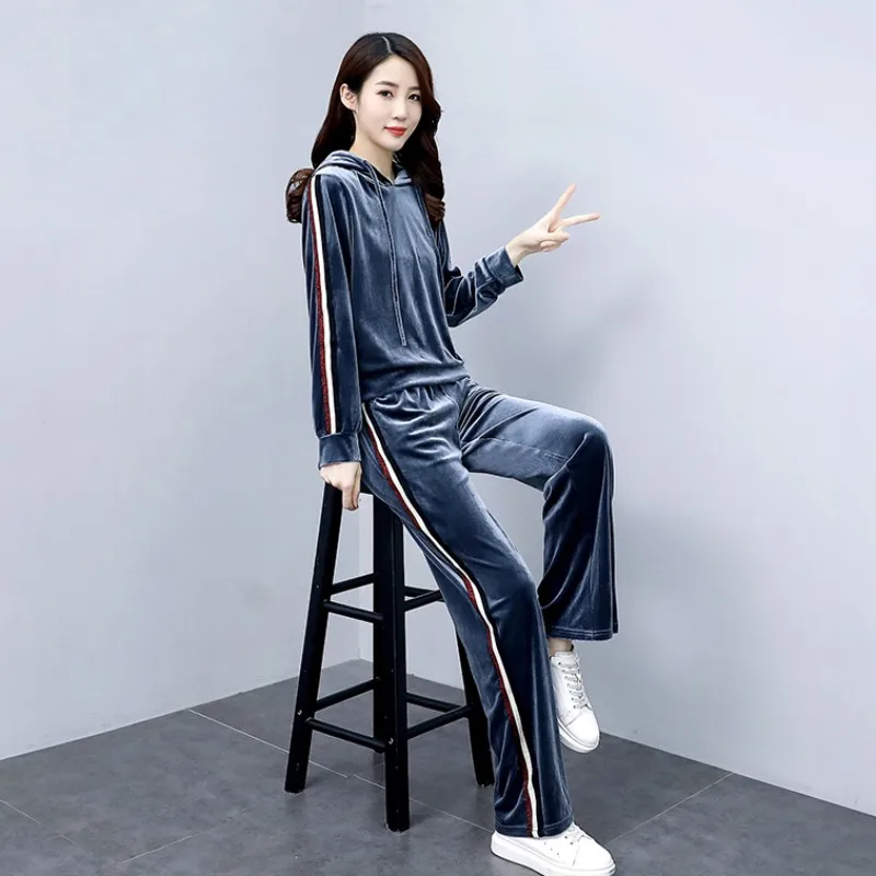 

Autumn Women Velour Tracksuit Two Piece Set 2021 New Fashion Loungewear Hooded Pullover Tops Elastic Waist Wide Leg Sweatpants