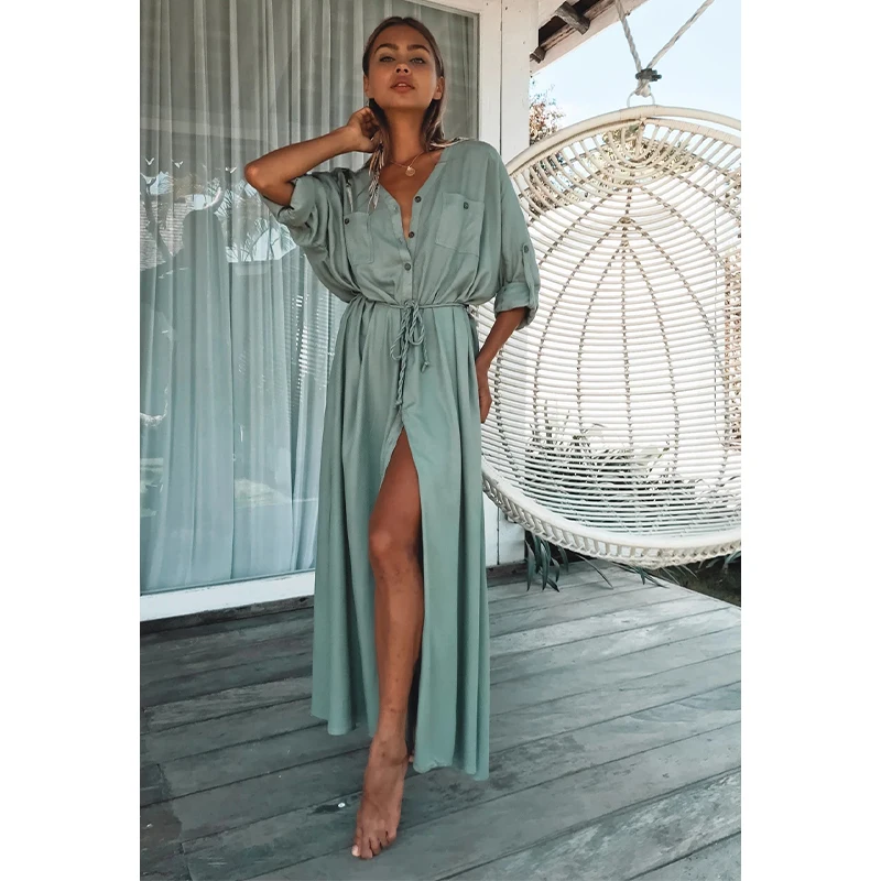 

Sexy Button Pockets Front Open Self Belted High Waist Summer Dress White Tunic Women Clothes Street Wear Maxi Dress Q1111