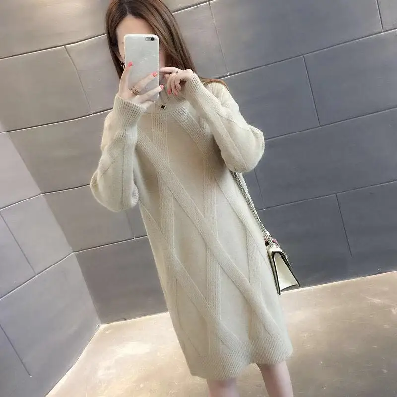 2020 Autumn Winter Womens Long Sleeve Sweater Pullovers Female Knitted Long Dress Ladies Solid Thicken Warm Clothes Female