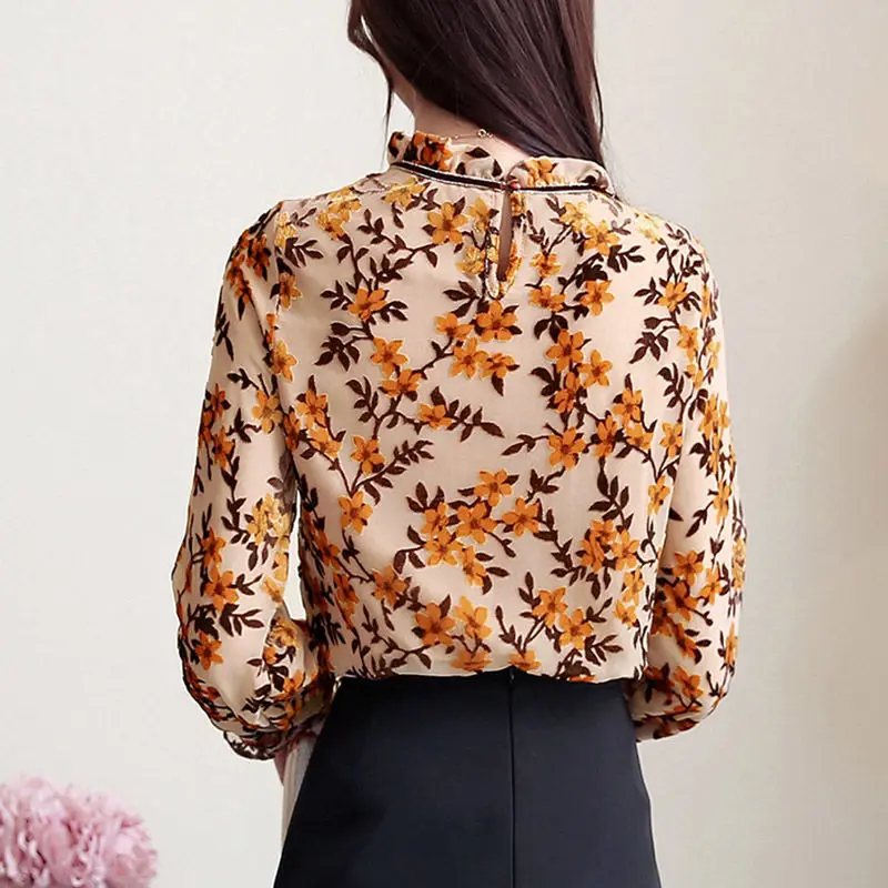2020 Демисезонная женская шифоновая рубашка с оборками и принтом блузка топы