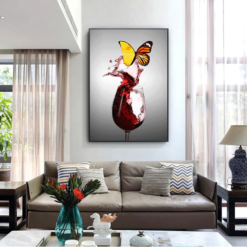 

Canvas Painting Decor Painting Oil Painting Wall Picture Poster Modern Wall Art Picture Red Wine and Butterfly in Livingroom