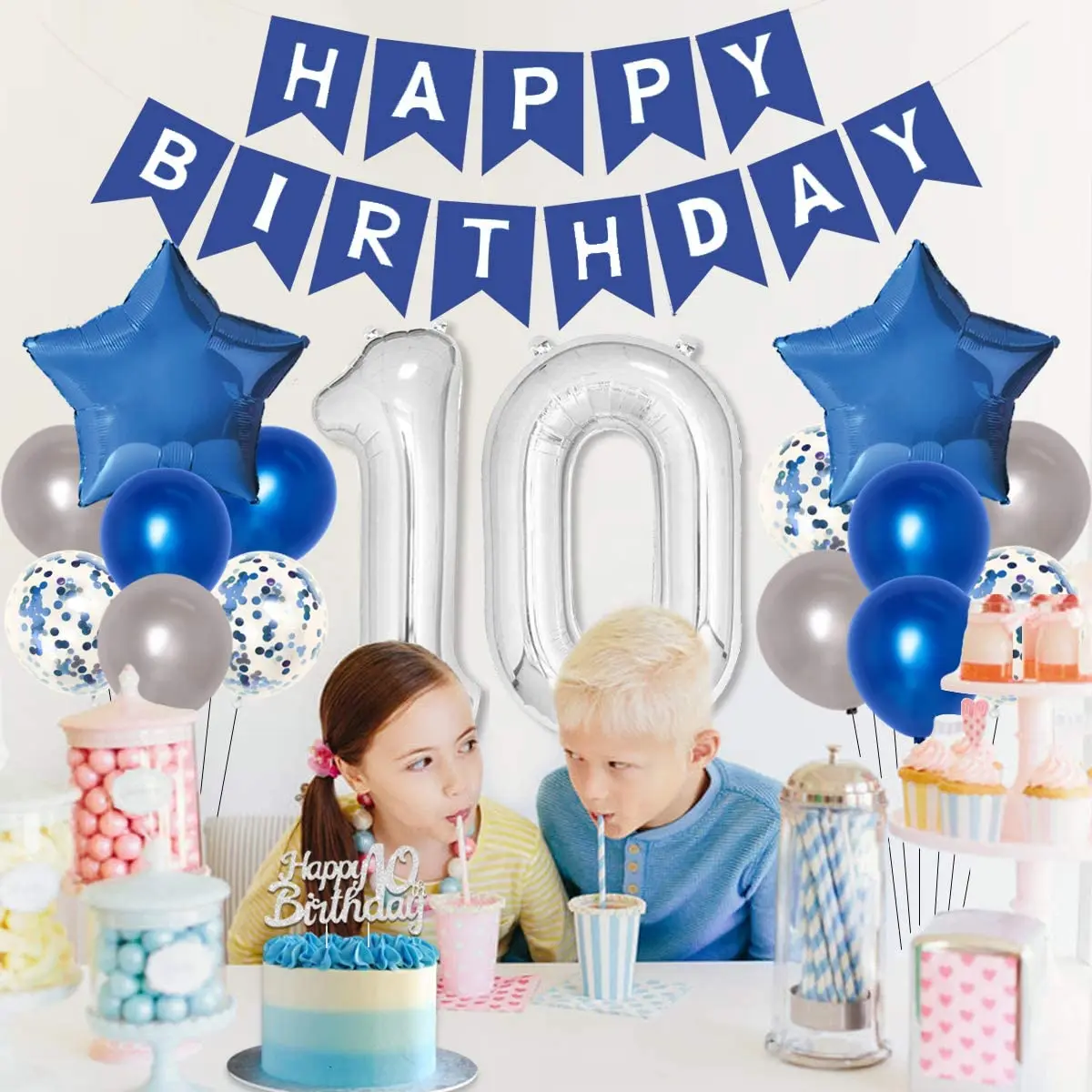 Decoraci&oacute;n de 10 &deg; cumplea&ntilde;os para ni&ntilde;os y ni&ntilde;as, cartel de globos de aluminio azul, suministros de cumplea&ntilde;os para 10 a&ntilde;os-5