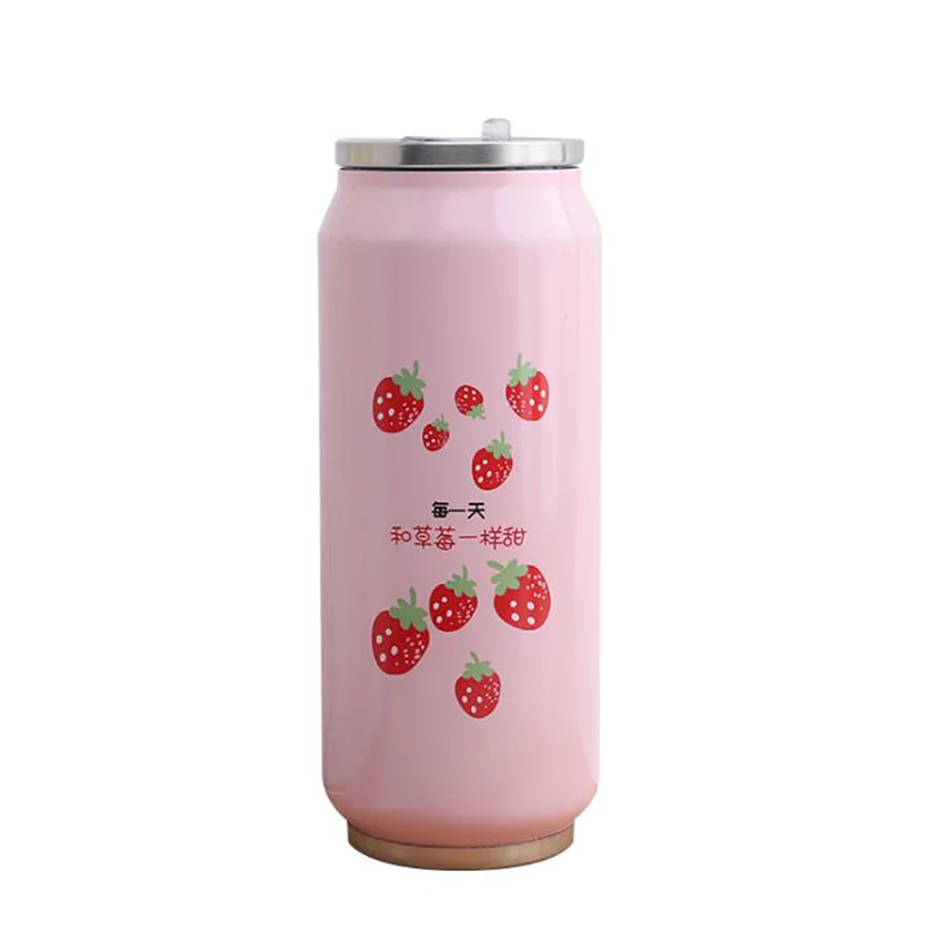 

Cute Strawberry Girly Insulated Water Bottle Stainless Steel Portable Wide Mouth Can Water Cup, 500ml, Travel Thermos Bottle