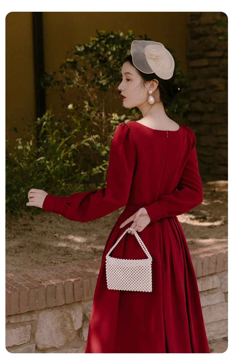

Bridal Dress Wedding Party Evening Dress Woman Red V-Neck Full Sleeve Sweet Girly Vintage Retro Pleated Skirt