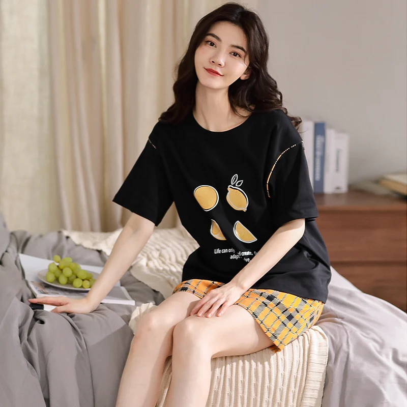 Новая Пижама с круглым вырезом хлопковый комплект Цвет контраст Женская