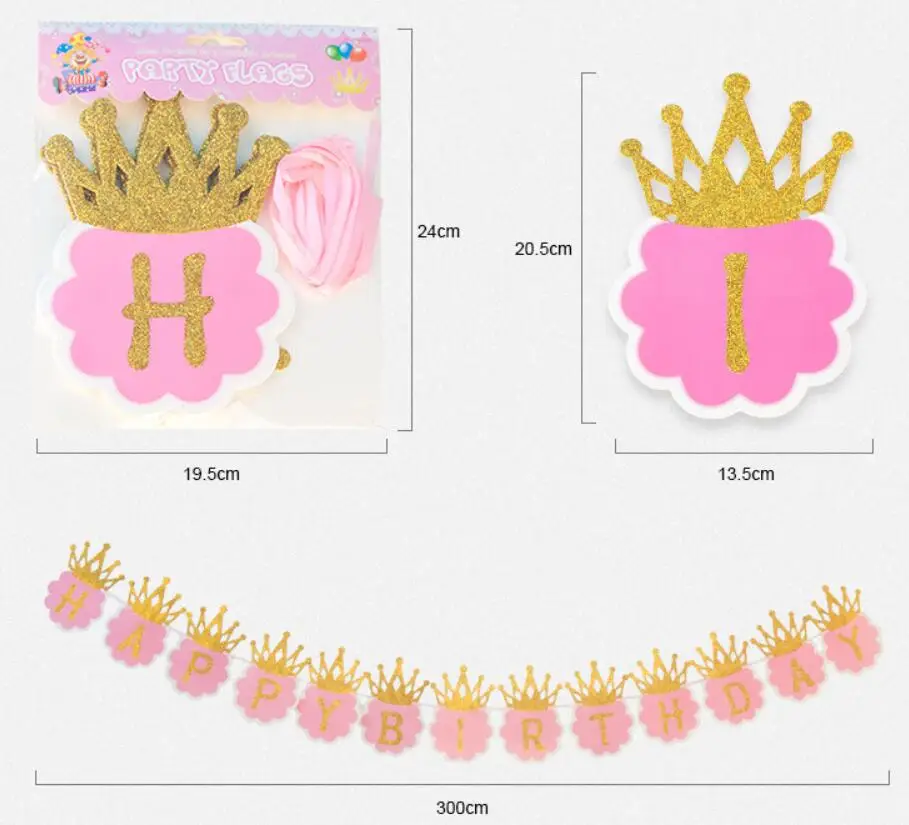 pink crown 20.5cm Счастливый плакат "с днем рождения" бумажные украшения гирлянды из флажков мальчиков и девочек Беби Шауэр детский день рождения украшения поставки розовое золото баннер - Цвет: pink crown 20.5cm