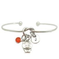 cute pig animal retro creative initial letter monogram birthstone adjustable bracelet fashion jewelry women gift pendant