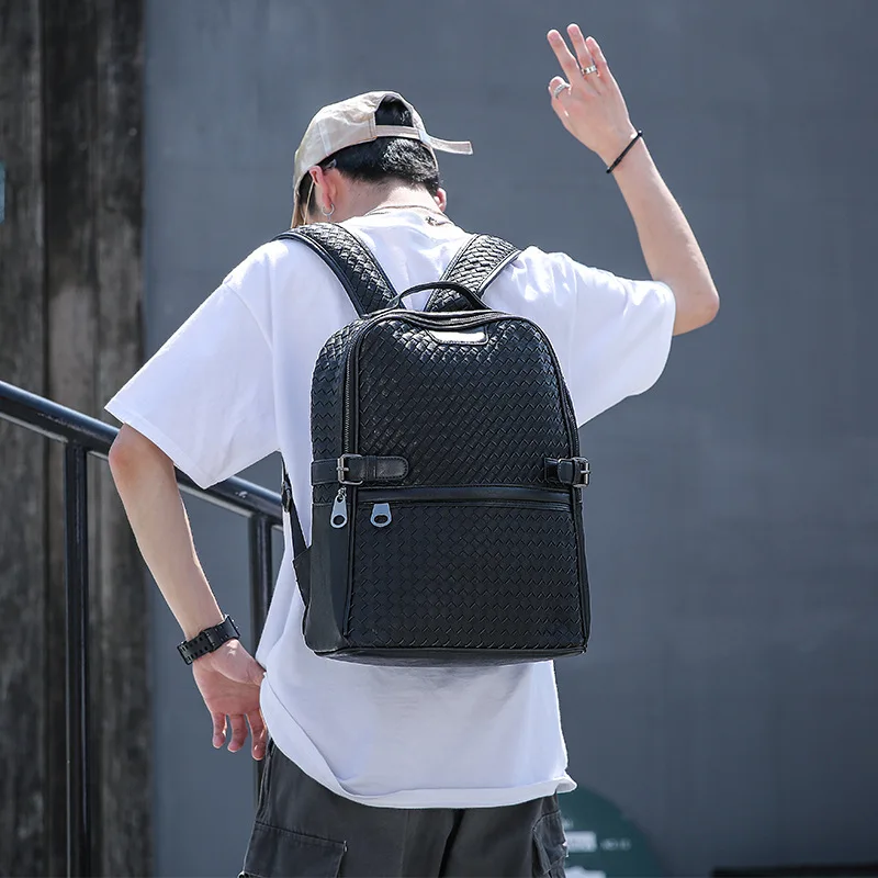 

Business Commuting Men Backpacks Weave Man's/Women's Back Bags Fashion Travel PU Leather Zipper Backpack For Male/Female 2020