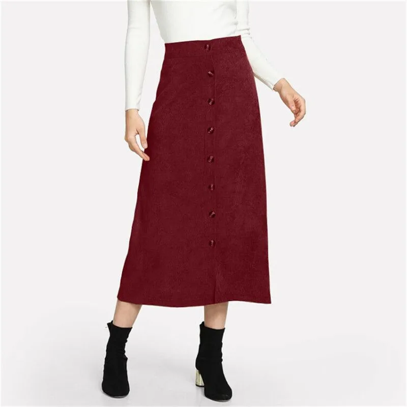 Осенне зимние вельветовые юбки женские однобортные длинные 2019 винтажные с