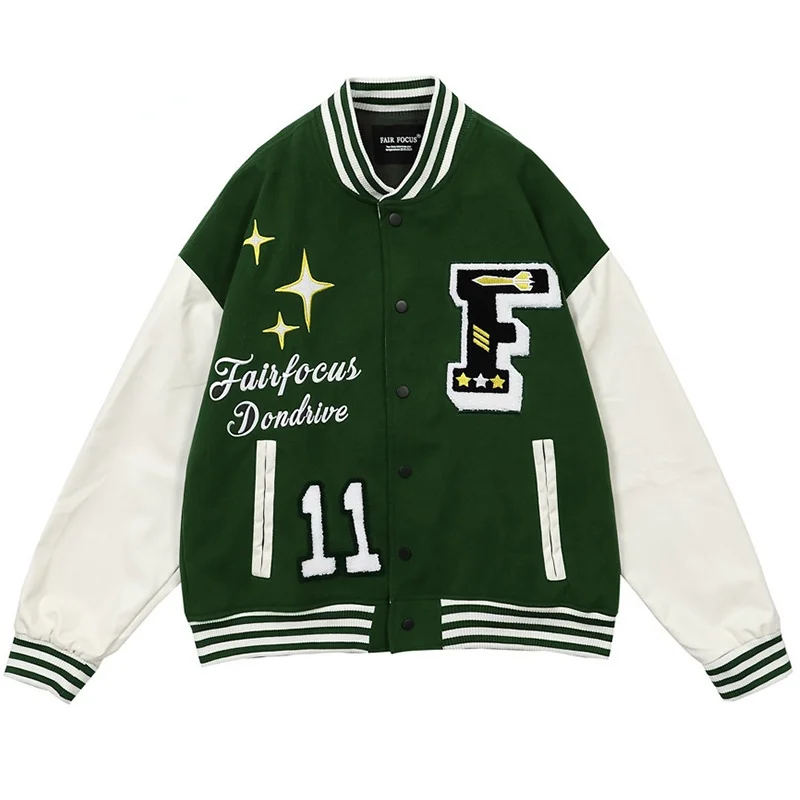 

Hip Hop Girl Star Embroidery Varsity Jackets Men Women Patchwork Color Block PU Leather Baseball Coats 2021FW Streetwear