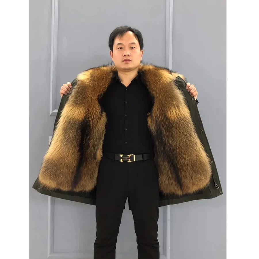 

Парка с натуральным мехом для мужчин, зимняя теплая куртка с воротником из меха енота и подкладкой из настоящего меха мускрата, искусственн...