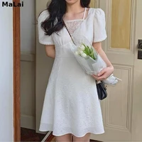 summer french vintage dress casual chic short sleeve party korean clothing 2021 women lace high waist slim elegant mini dresses